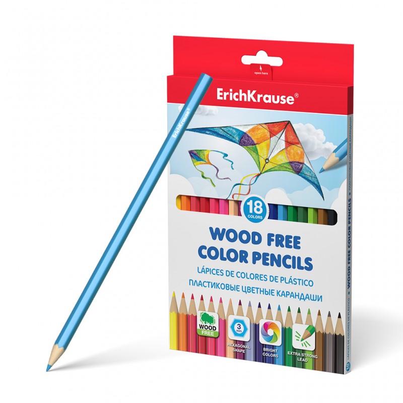 Цветные карандаши пластиковые EK шестигранные 18цв. (в коробке с европодвесом 18шт.)